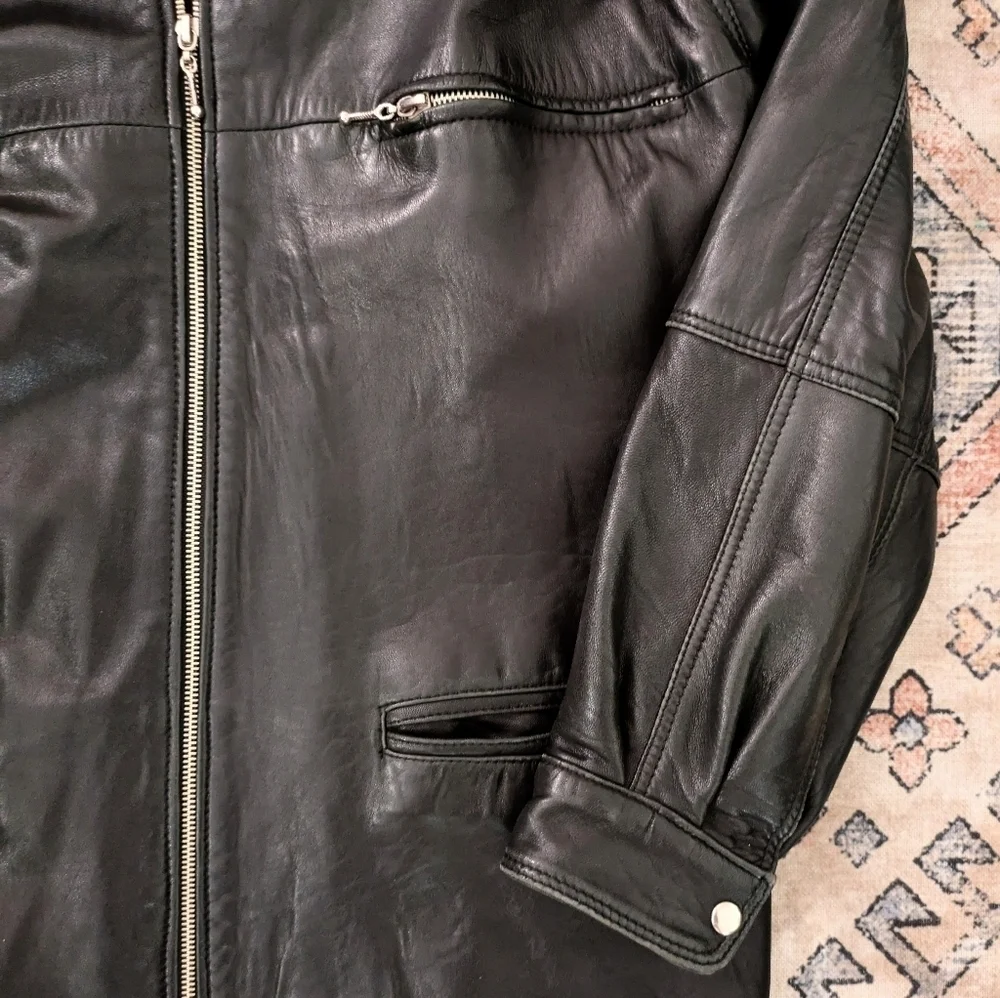 90s Grunge Oversized Style Black Leather Jacket Coat Large Mens Size 38